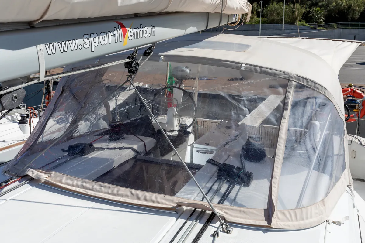 Cockpit of Vittoria, a Jeanneau Sun Odyssey 440 sailboat at Capo d'Orlando, Italy