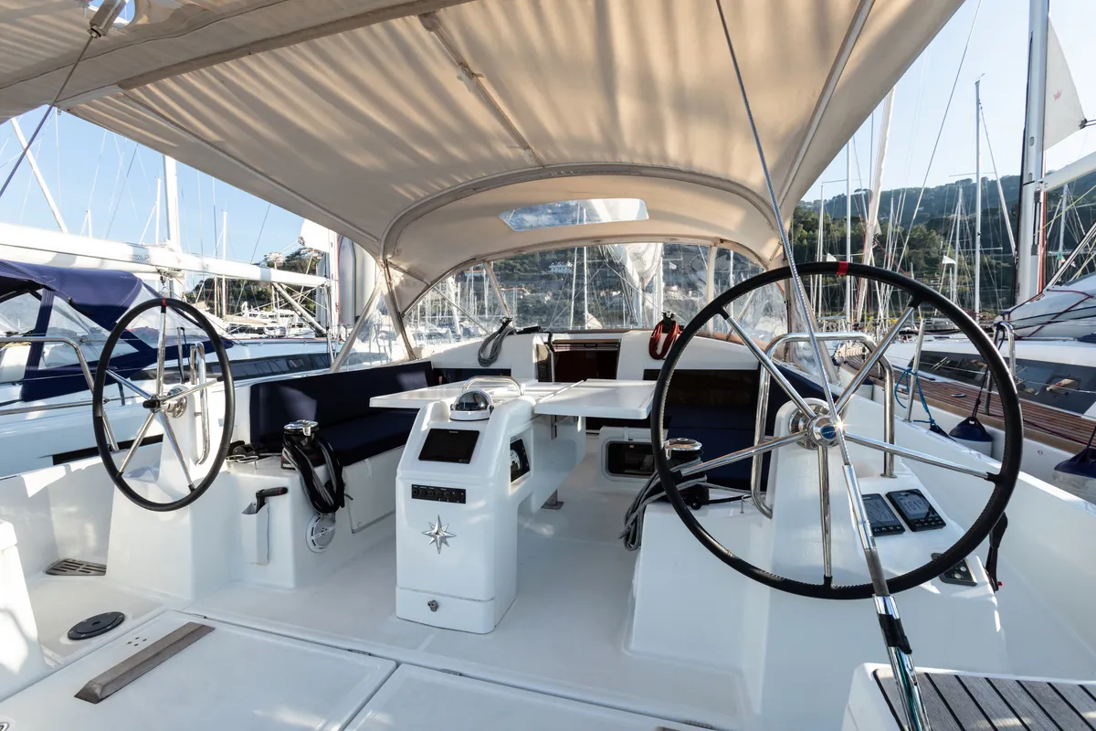 Cockpit of Vittoria, a Jeanneau Sun Odyssey 440 sailboat at Capo d'Orlando, Italy