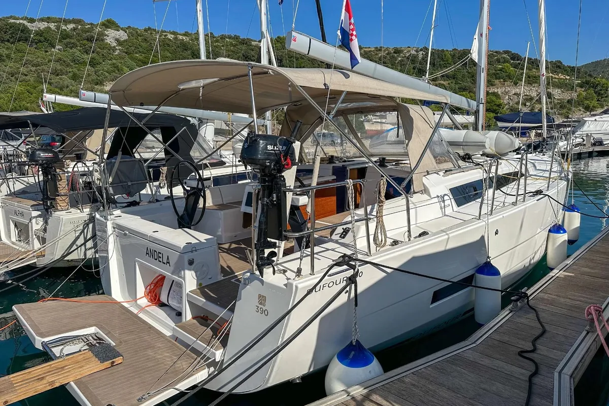 Exterior view of Andela, a Dufour 390 GL sailboat at Primošten, Croatia