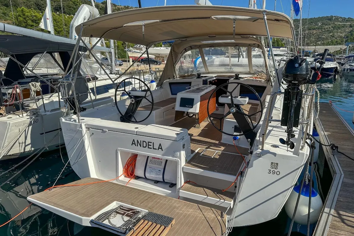 Exterior view of Andela, a Dufour 390 GL sailboat at Primošten, Croatia