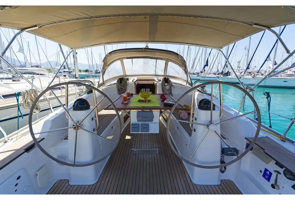 Cockpit of Vlassis, a Bavaria 40 sailboat at Municipal Unit of Lefkada, Greece