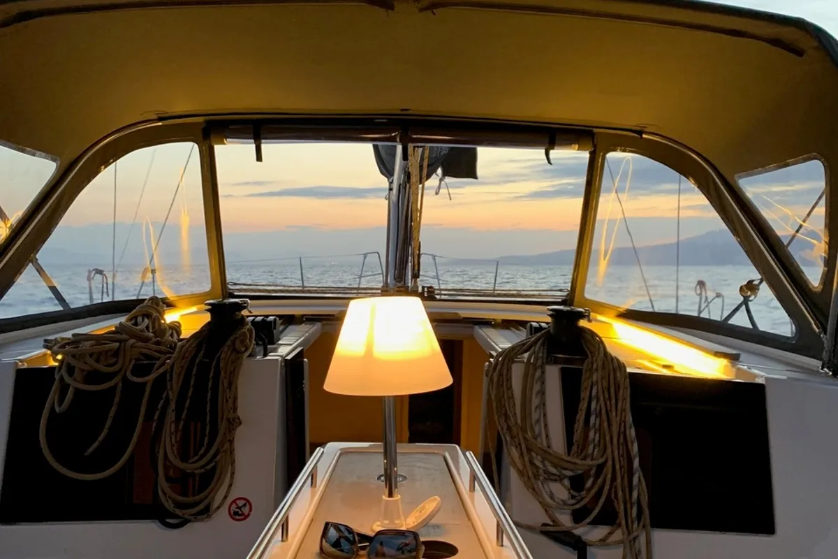 Cockpit of Millennium Falcon, a Dufour 460 GL sailboat at Ellomenos, Greece