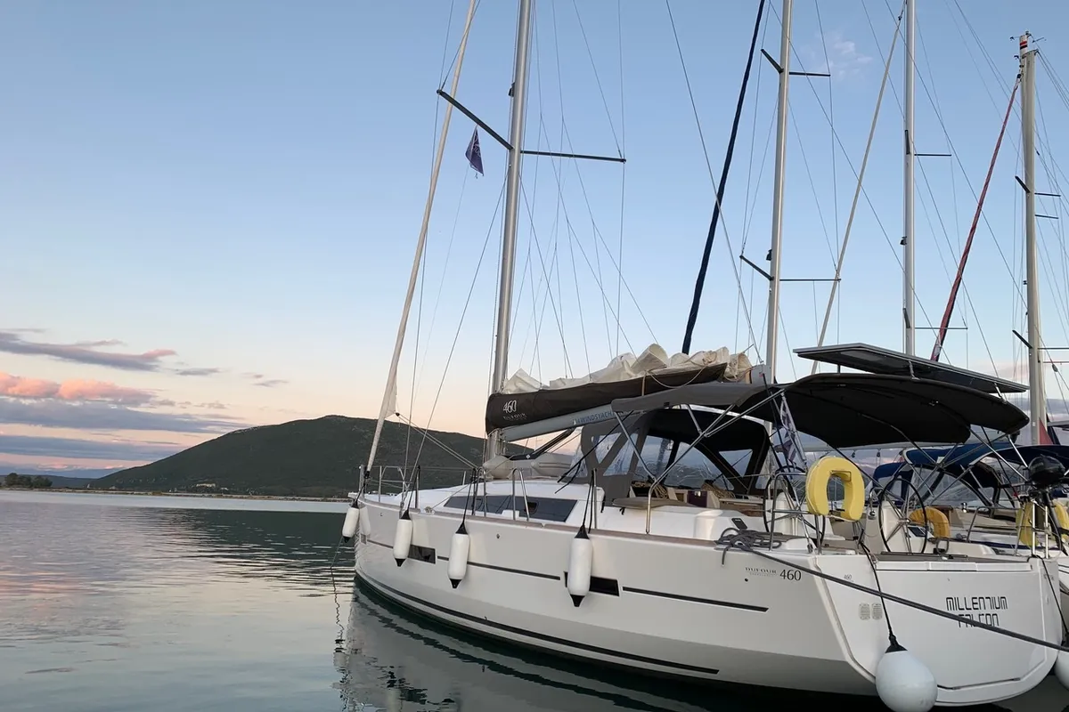 Exterior view of Millennium Falcon, a Dufour 460 GL sailboat at Ellomenos, Greece