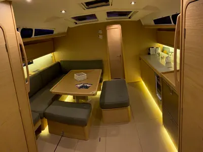 Salon of Millennium Falcon, a Dufour 460 GL sailboat at Ellomenos, Greece