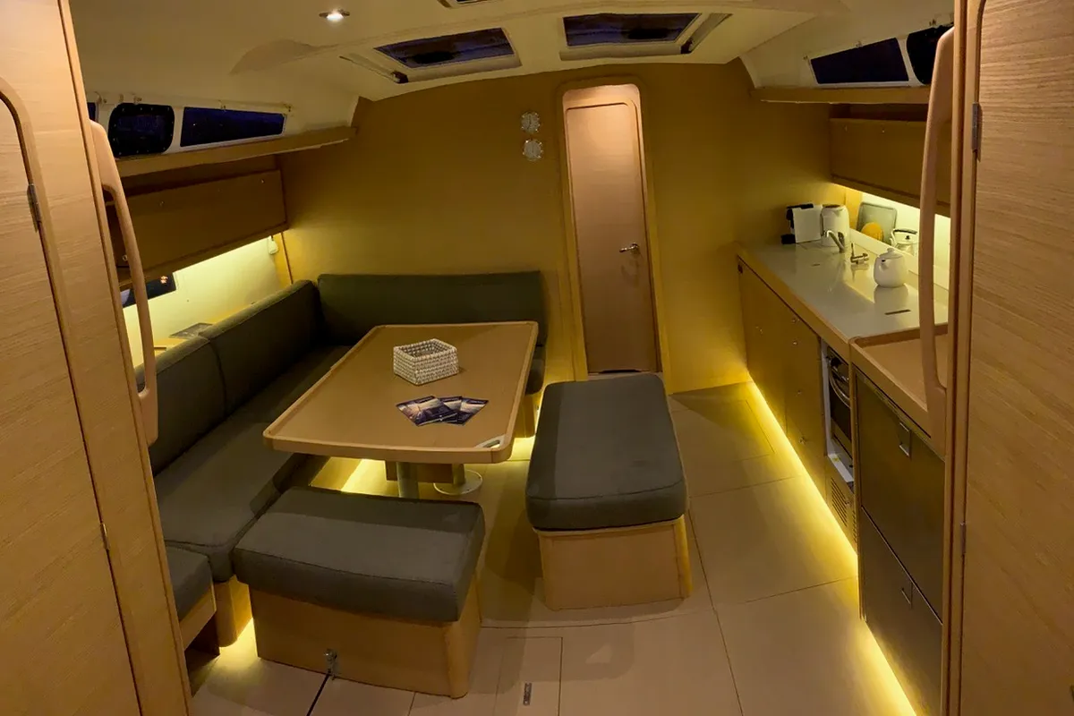 Salon of Millennium Falcon, a Dufour 460 GL sailboat at Ellomenos, Greece
