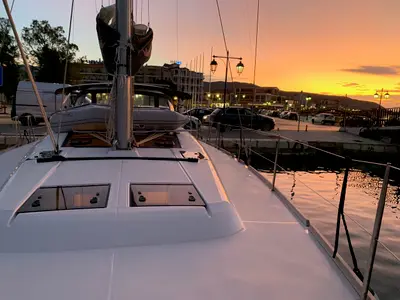 Deck of Millennium Falcon, a Dufour 460 GL sailboat at Ellomenos, Greece