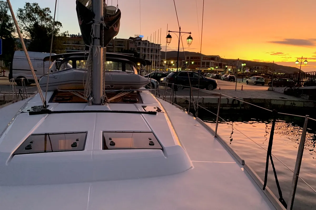 Deck of Millennium Falcon, a Dufour 460 GL sailboat at Ellomenos, Greece