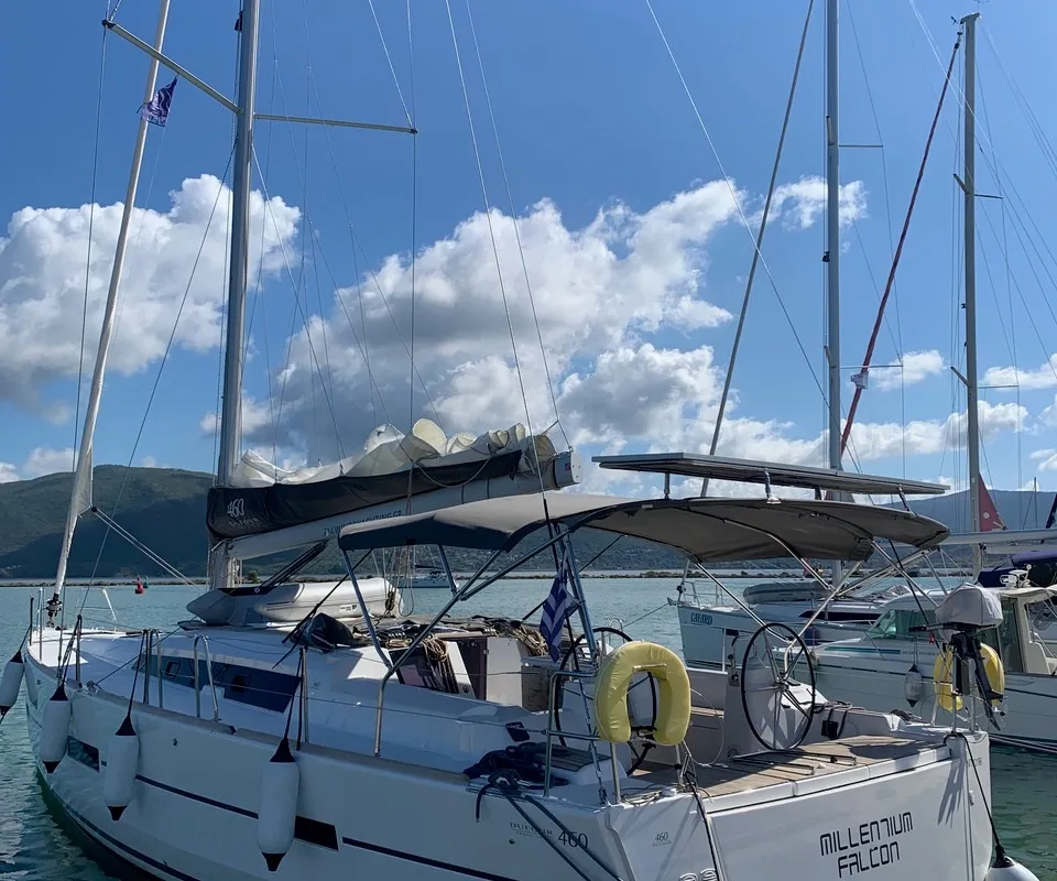 Exterior view of Millennium Falcon, a Dufour 460 GL sailboat at Ellomenos, Greece