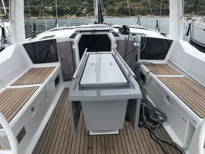 Cockpit of Agena, a Beneteau Oceanis 41.1 sailboat at Salerno, Italy