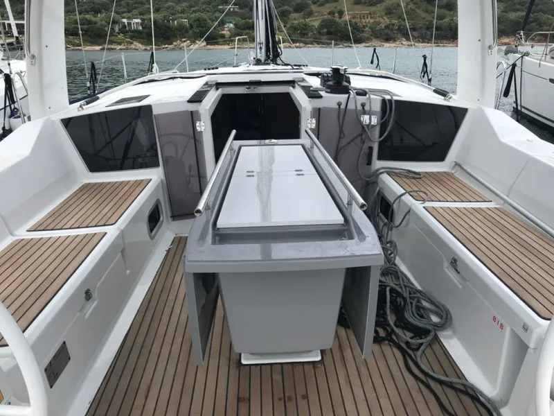 Cockpit of Agena, a Beneteau Oceanis 41.1 sailboat at Salerno, Italy