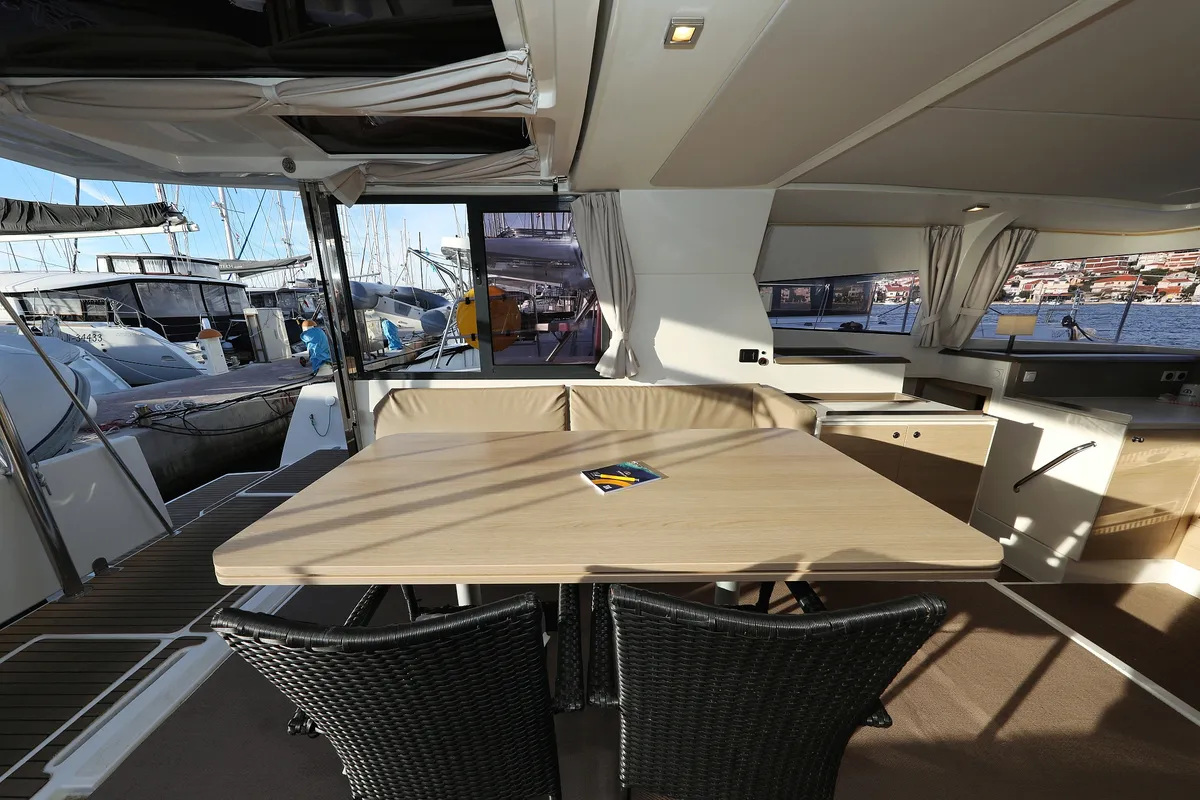Salon of Indigo Star, a Bali 4.0 catamaran at Općina Rogoznica, Croatia