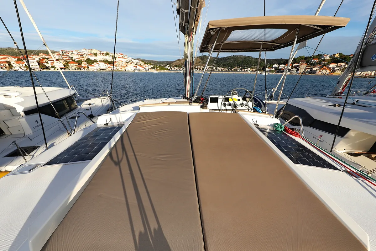 Deck of Indigo Star, a Bali 4.0 catamaran at Općina Rogoznica, Croatia