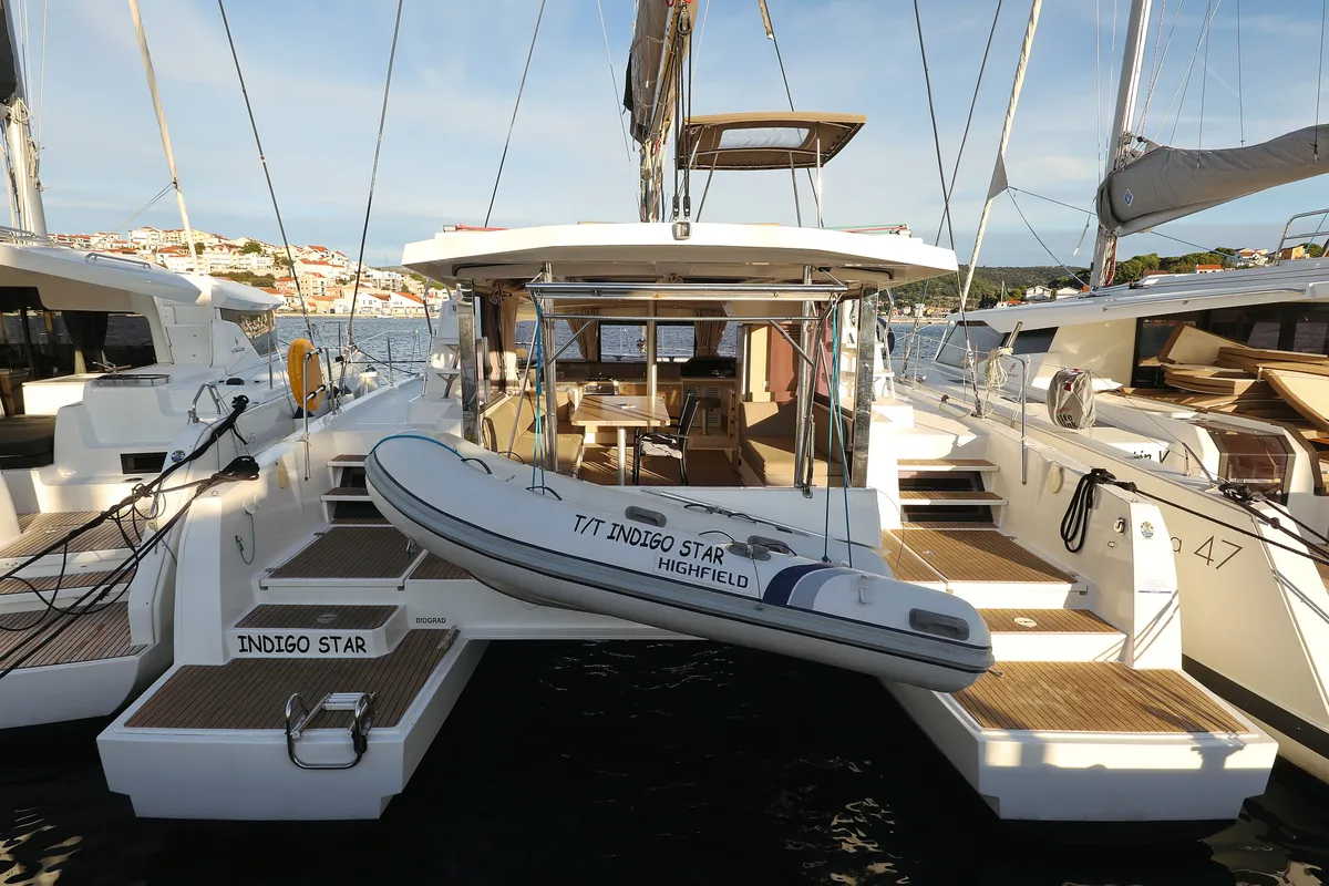 Exterior view of Indigo Star, a Bali 4.0 catamaran at Općina Rogoznica, Croatia