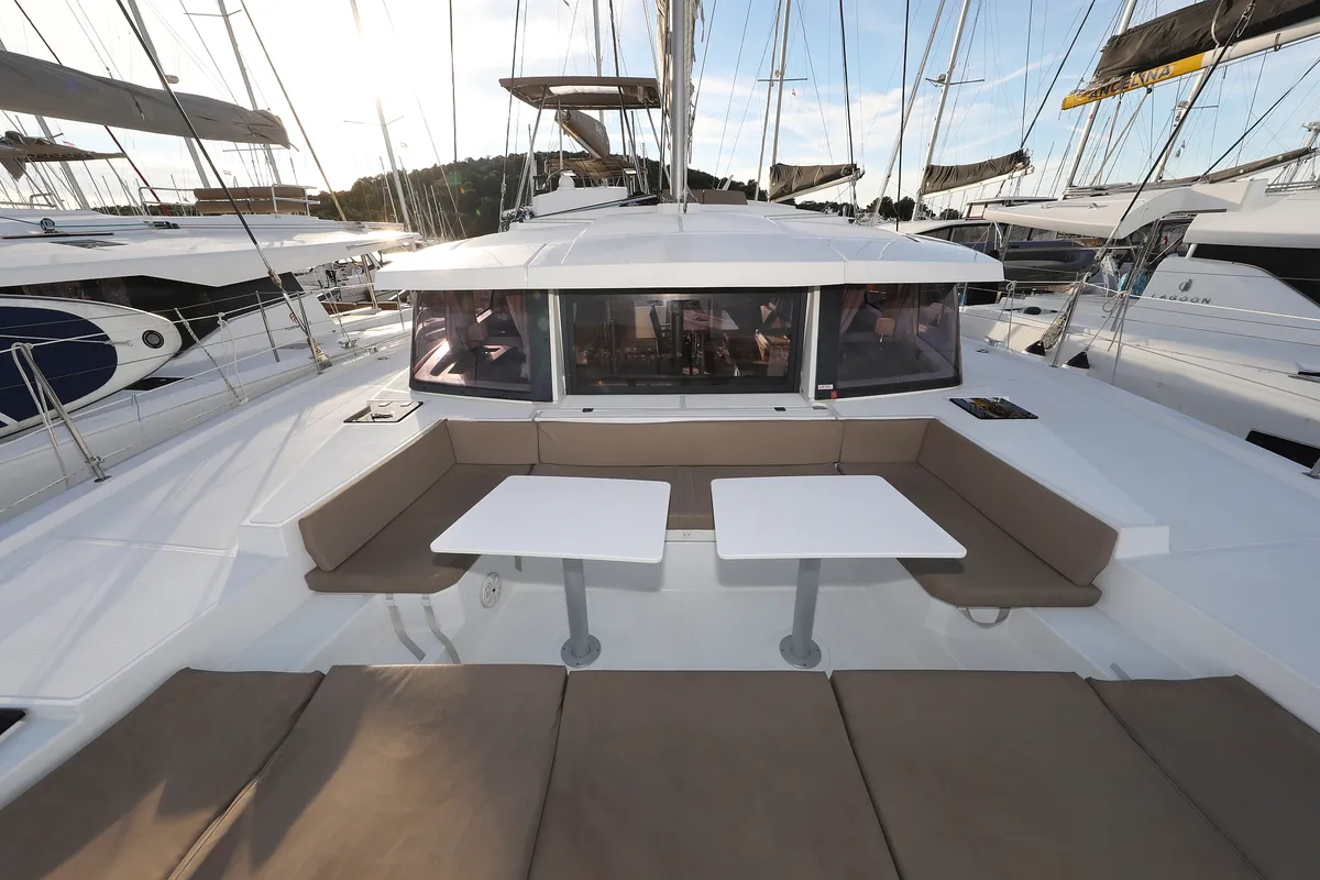 Deck of Indigo Star, a Bali 4.0 catamaran at Općina Rogoznica, Croatia