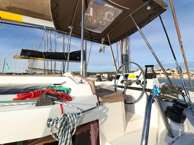 Cockpit of Indigo Star, a Bali 4.0 catamaran at Općina Rogoznica, Croatia