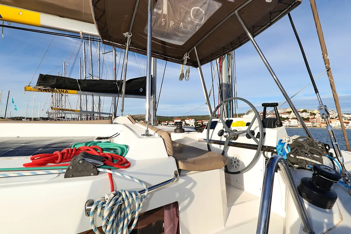 Cockpit of Indigo Star, a Bali 4.0 catamaran at Općina Rogoznica, Croatia