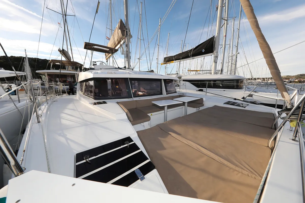 Deck of Indigo Star, a Bali 4.0 catamaran at Općina Rogoznica, Croatia
