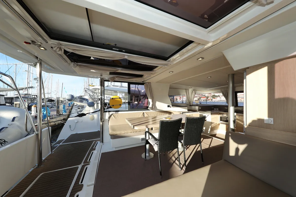Salon of Indigo Star, a Bali 4.0 catamaran at Općina Rogoznica, Croatia