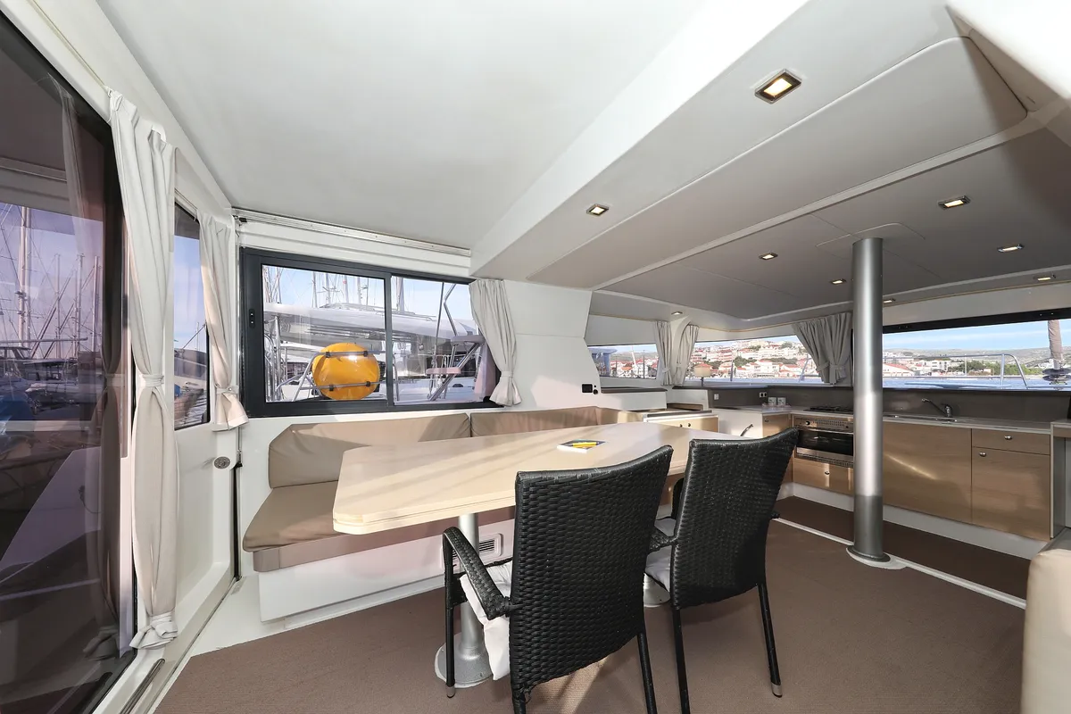 Salon of Indigo Star, a Bali 4.0 catamaran at Općina Rogoznica, Croatia