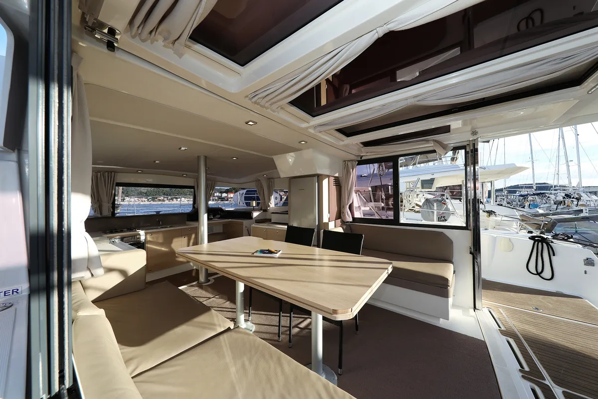 Salon of Indigo Star, a Bali 4.0 catamaran at Općina Rogoznica, Croatia