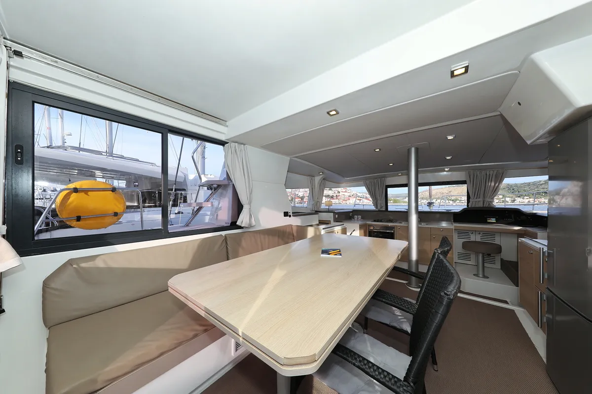 Salon of Indigo Star, a Bali 4.0 catamaran at Općina Rogoznica, Croatia