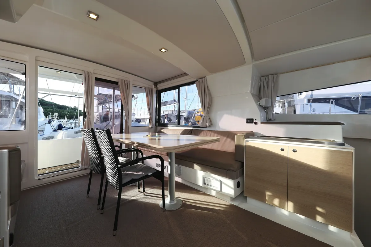 Salon of Indigo Star, a Bali 4.0 catamaran at Općina Rogoznica, Croatia