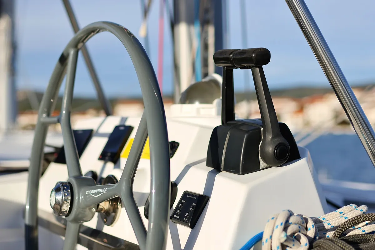 Cockpit of Indigo Star, a Bali 4.0 catamaran at Općina Rogoznica, Croatia