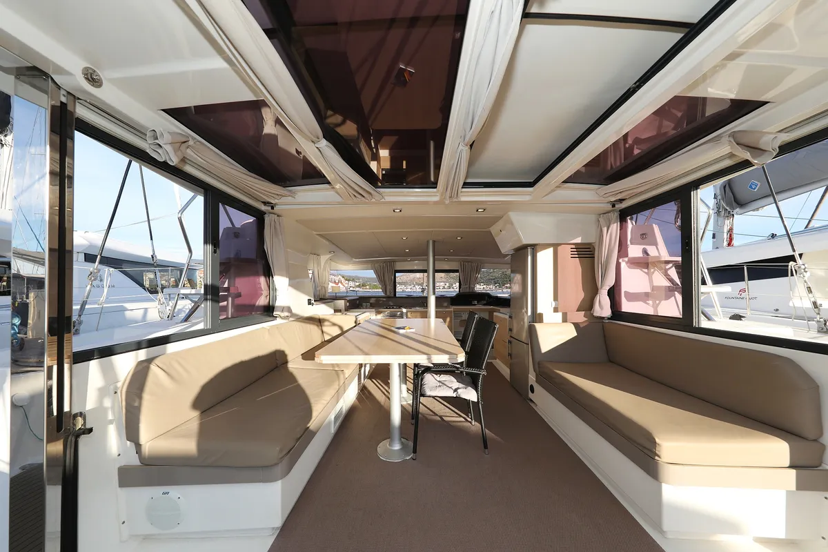 Salon of Indigo Star, a Bali 4.0 catamaran at Općina Rogoznica, Croatia