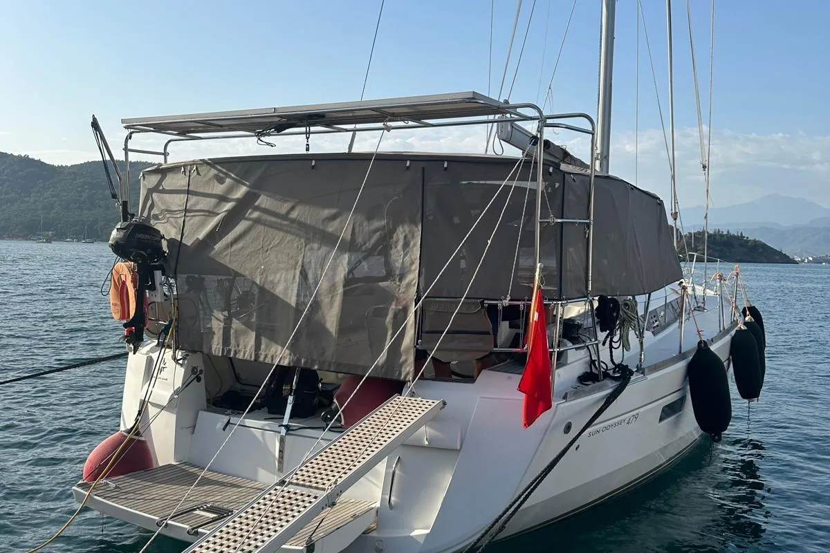Exterior view of Lucky Rain, a Jeanneau Sun Odyssey 479 sailboat at Fethiye, Turkey