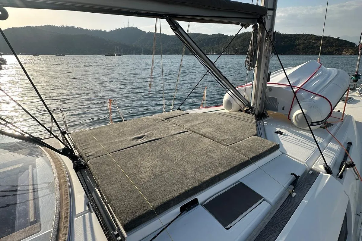 Deck of Lucky Rain, a Jeanneau Sun Odyssey 479 sailboat at Fethiye, Turkey