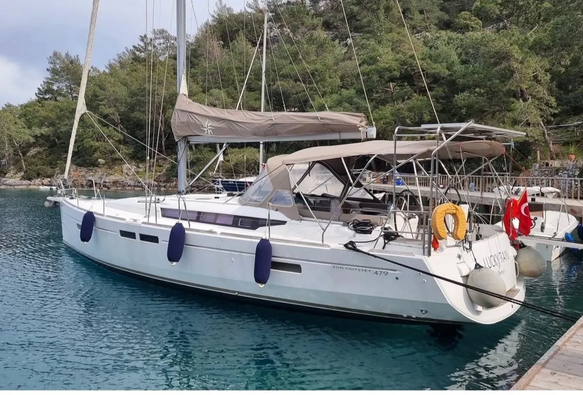 Exterior view of Lucky Rain, a Jeanneau Sun Odyssey 479 sailboat at Fethiye, Turkey