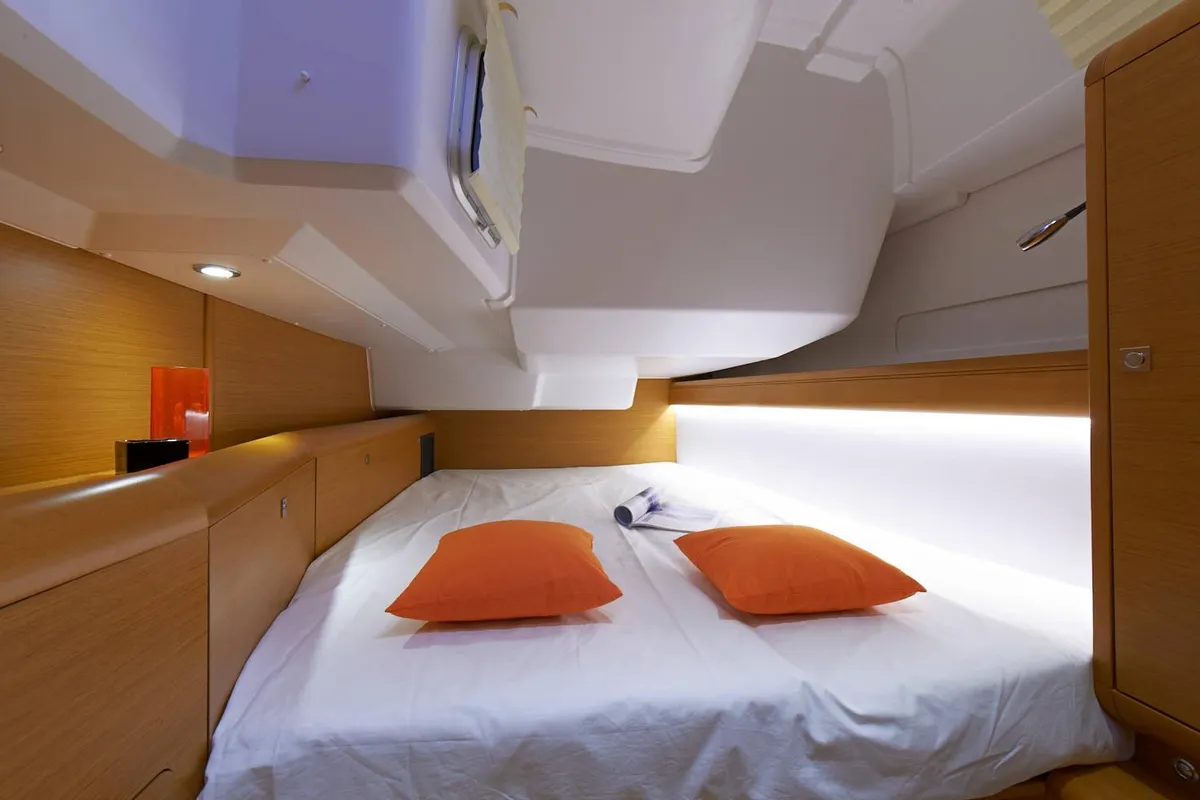Cabin on Lucky Rain, a Jeanneau Sun Odyssey 479 sailboat at Fethiye, Turkey