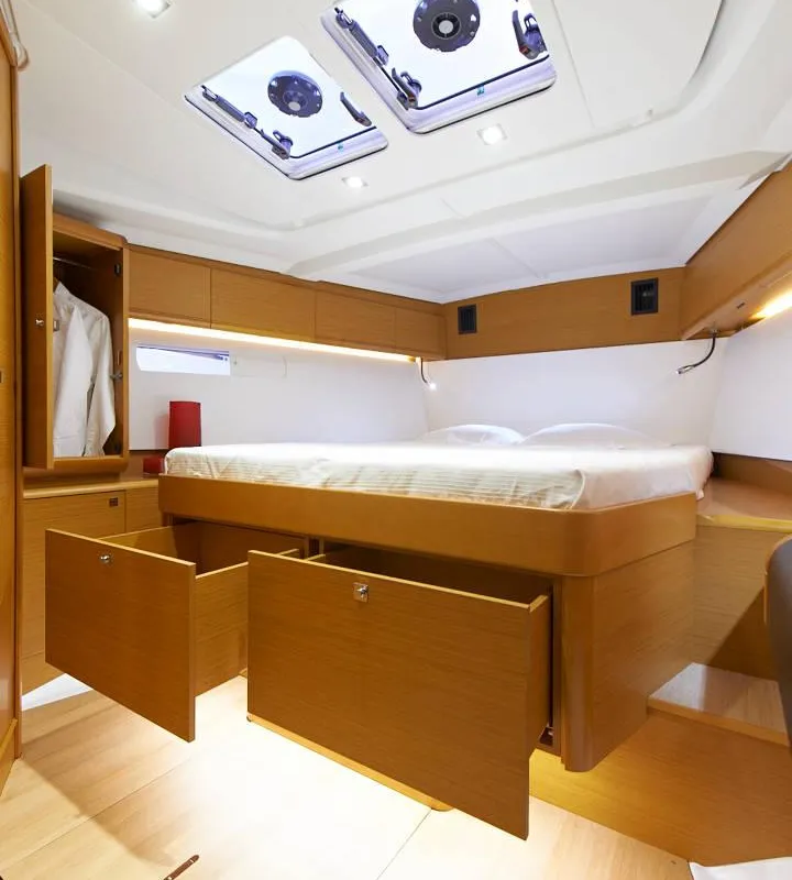 Cabin on Lucky Rain, a Jeanneau Sun Odyssey 479 sailboat at Fethiye, Turkey