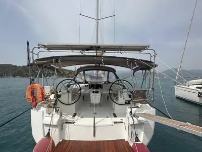 Cockpit of Lucky Rain, a Jeanneau Sun Odyssey 479 sailboat at Fethiye, Turkey