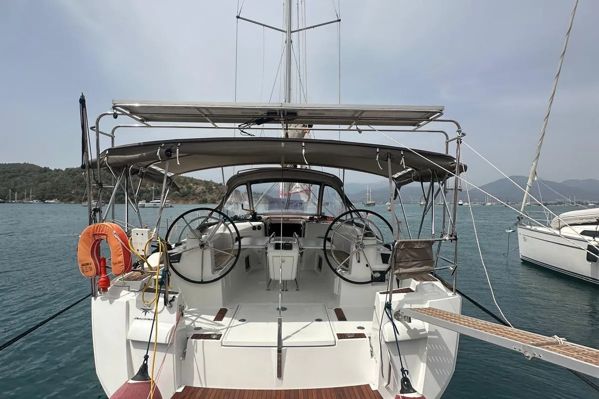 Cockpit of Lucky Rain, a Jeanneau Sun Odyssey 479 sailboat at Fethiye, Turkey