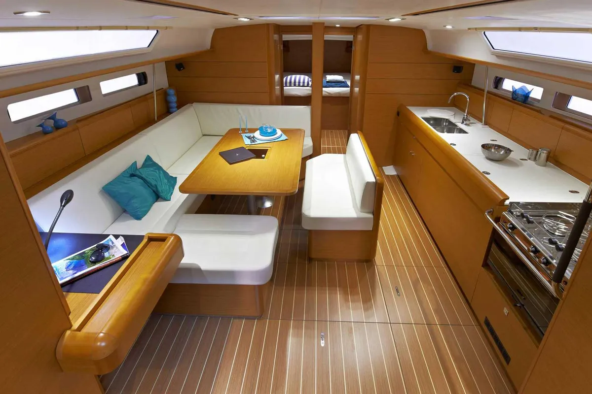 Salon of Lucky Rain, a Jeanneau Sun Odyssey 479 sailboat at Fethiye, Turkey