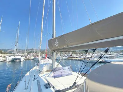 Deck of Lucky Rain, a Jeanneau Sun Odyssey 479 sailboat at Fethiye, Turkey