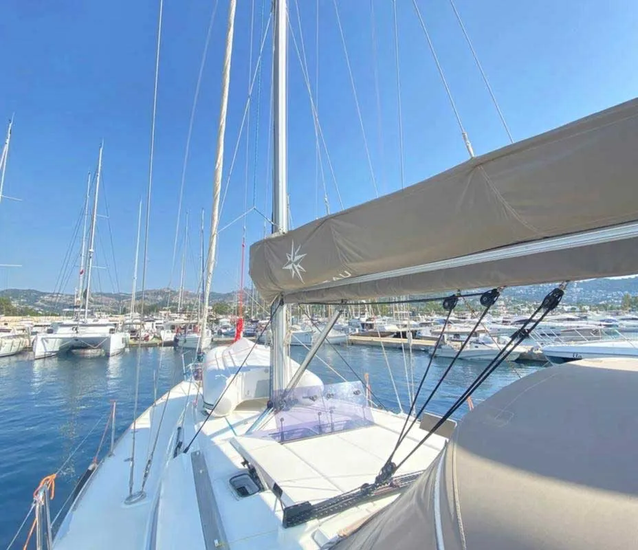 Deck of Lucky Rain, a Jeanneau Sun Odyssey 479 sailboat at Fethiye, Turkey