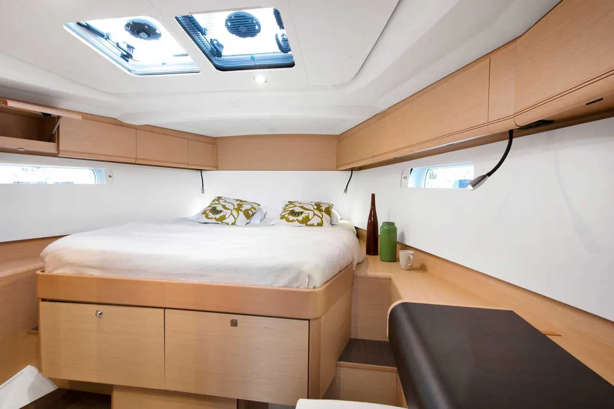 Cabin on Lucky Rain, a Jeanneau Sun Odyssey 479 sailboat at Fethiye, Turkey