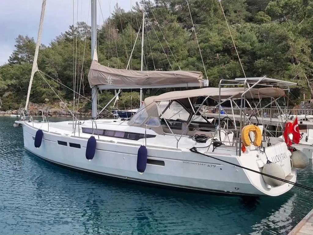 Exterior view of Lucky Rain, a Jeanneau Sun Odyssey 479 sailboat at Fethiye, Turkey