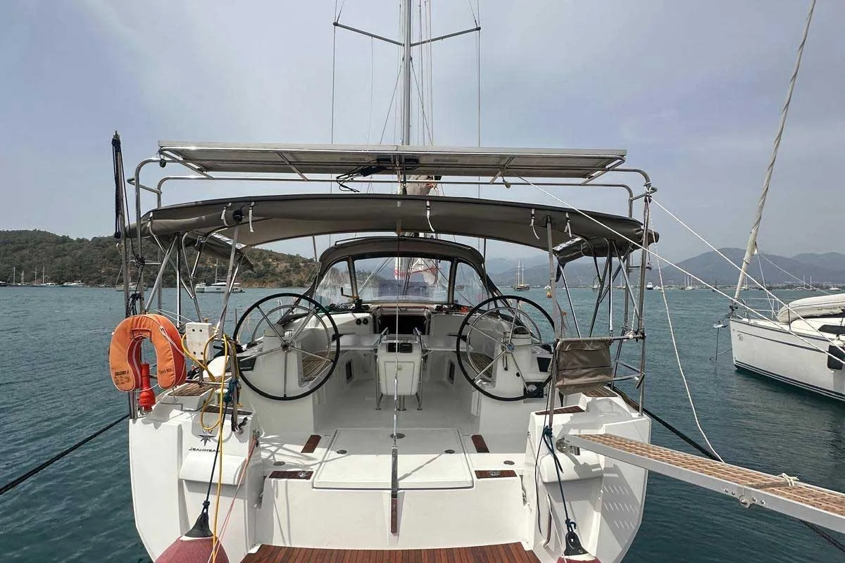 Exterior view of Lucky Rain, a Jeanneau Sun Odyssey 479 sailboat at Fethiye, Turkey