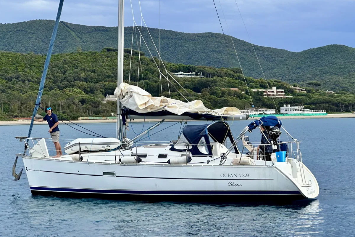 Exterior view of Cassiopea, a Beneteau Oceanis 323 sailboat at Punta Ala, Italy