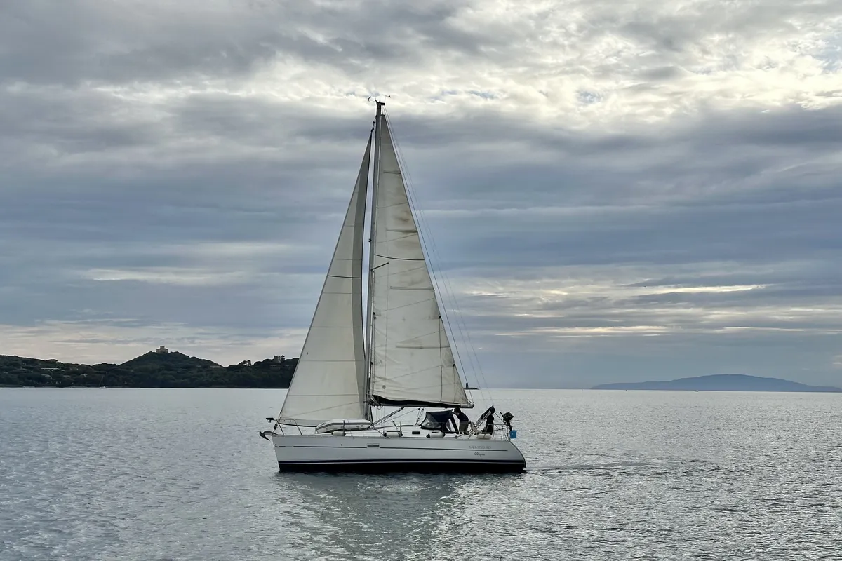 Exterior view of Cassiopea, a Beneteau Oceanis 323 sailboat at Punta Ala, Italy