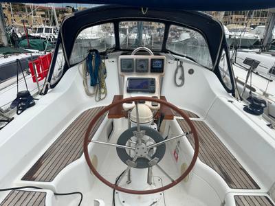 Cockpit of Cassiopea, a Beneteau Oceanis 323 sailboat at Punta Ala, Italy