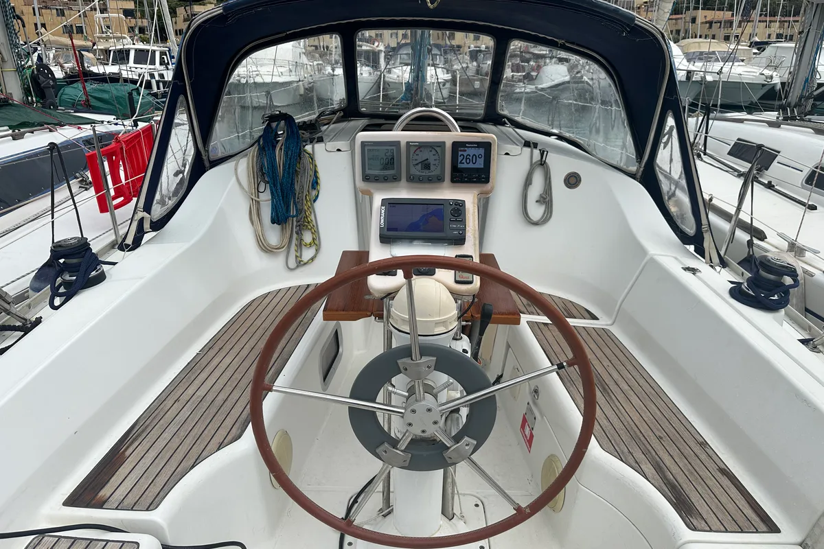 Cockpit of Cassiopea, a Beneteau Oceanis 323 sailboat at Punta Ala, Italy