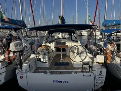 Cockpit of Albarosa, a Beneteau Oceanis 35.1 sailboat at Tonnarella, Italy