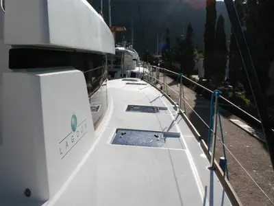 Deck of Matarma, a Lagoon 52F catamaran at Lavrion, Greece