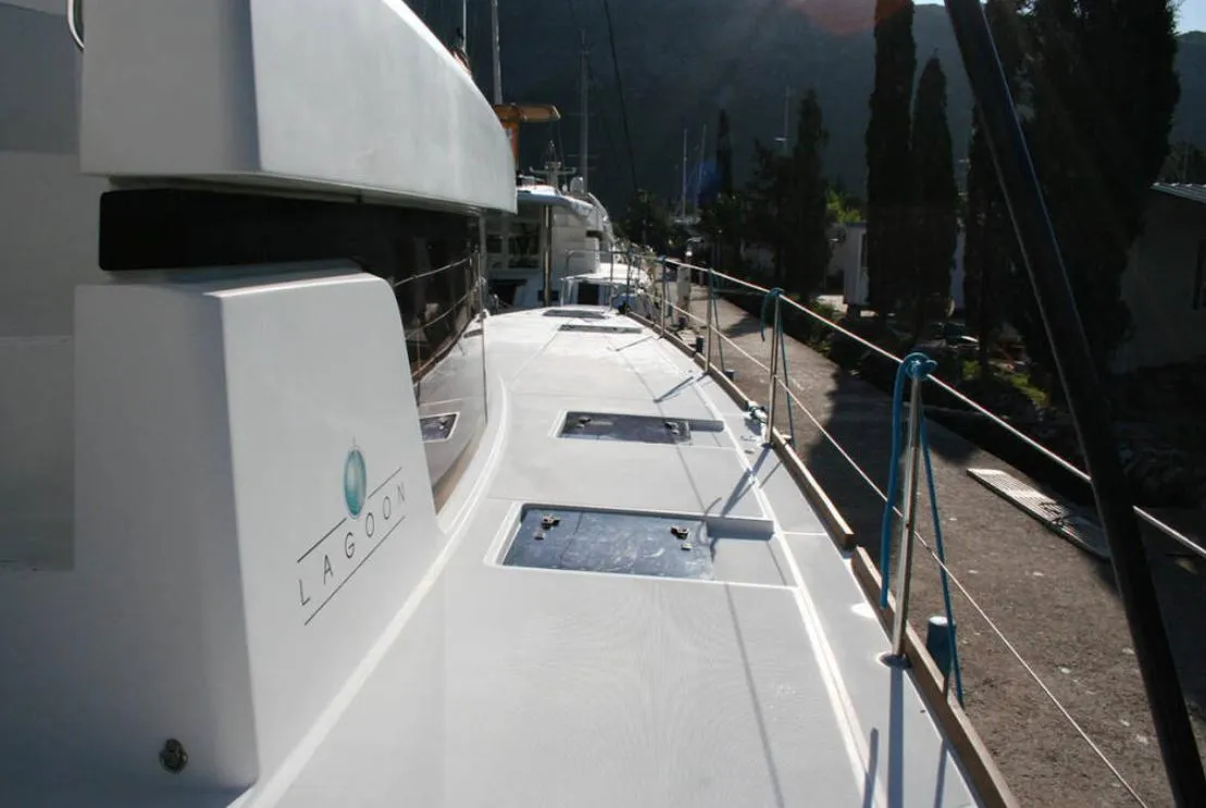 Deck of Matarma, a Lagoon 52F catamaran at Lavrion, Greece