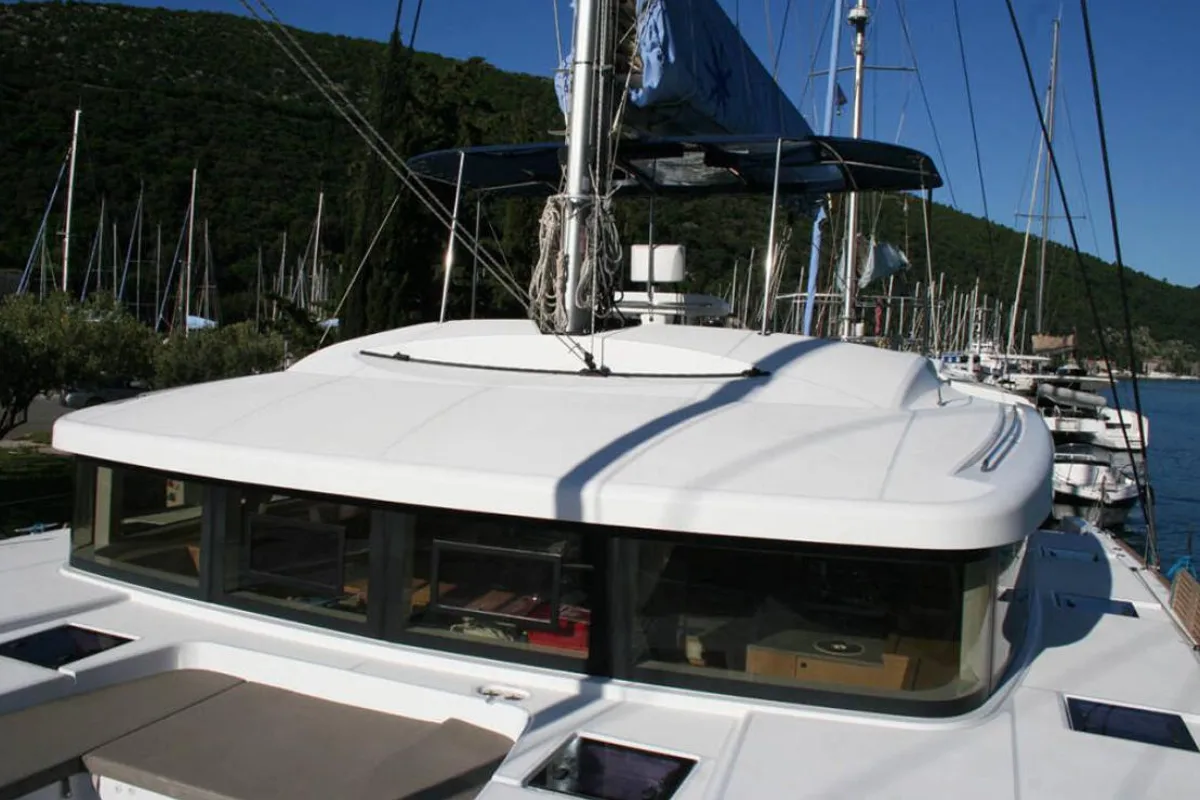 Deck of Matarma, a Lagoon 52F catamaran at Lavrion, Greece