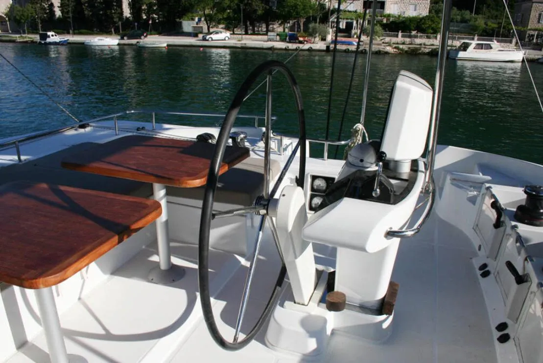 Cockpit of Matarma, a Lagoon 52F catamaran at Lavrion, Greece